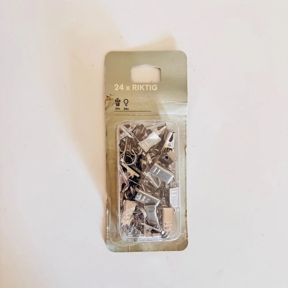 IKEA Riktig set of 24 stainless steel hooks w clips for Photos or curtains NWT